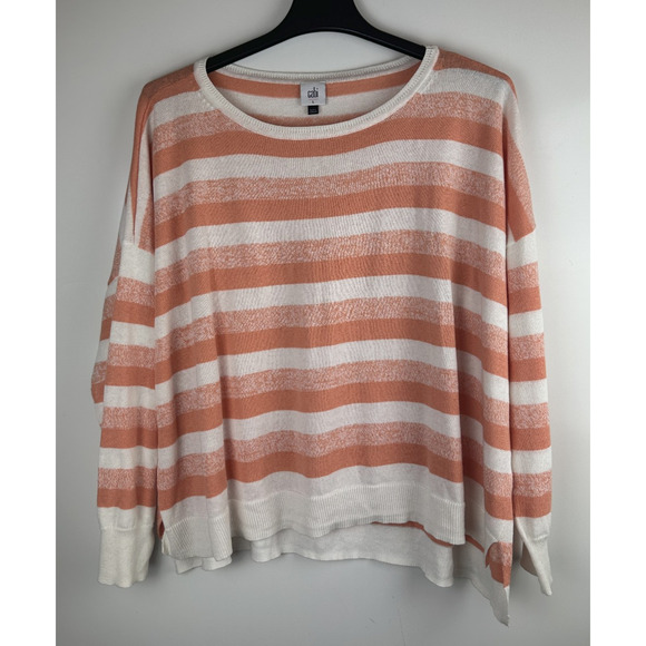 Cabi Swish Linen Blend Pullover Light Sweater Orange Striped Large Boxy Beachy - Picture 8 of 9
